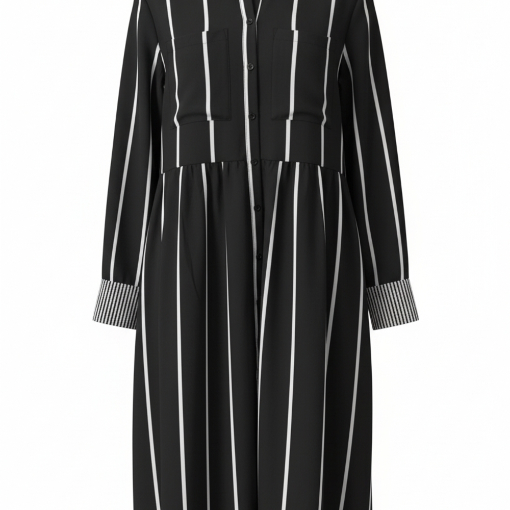 WHO WHAT WEAR XXL Black and White Vertical Stripe Long Sleeve Shirt Dress